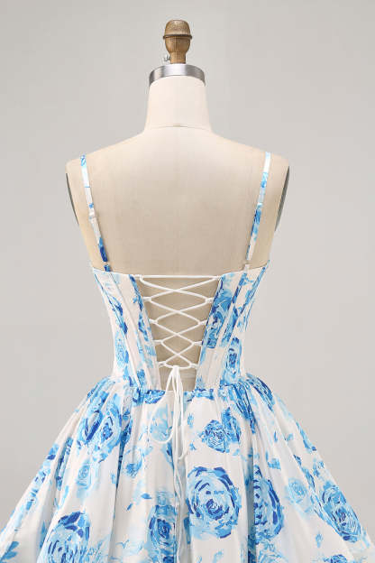 White Blue Flower Printed A Line Corset Short Homecoming Dress