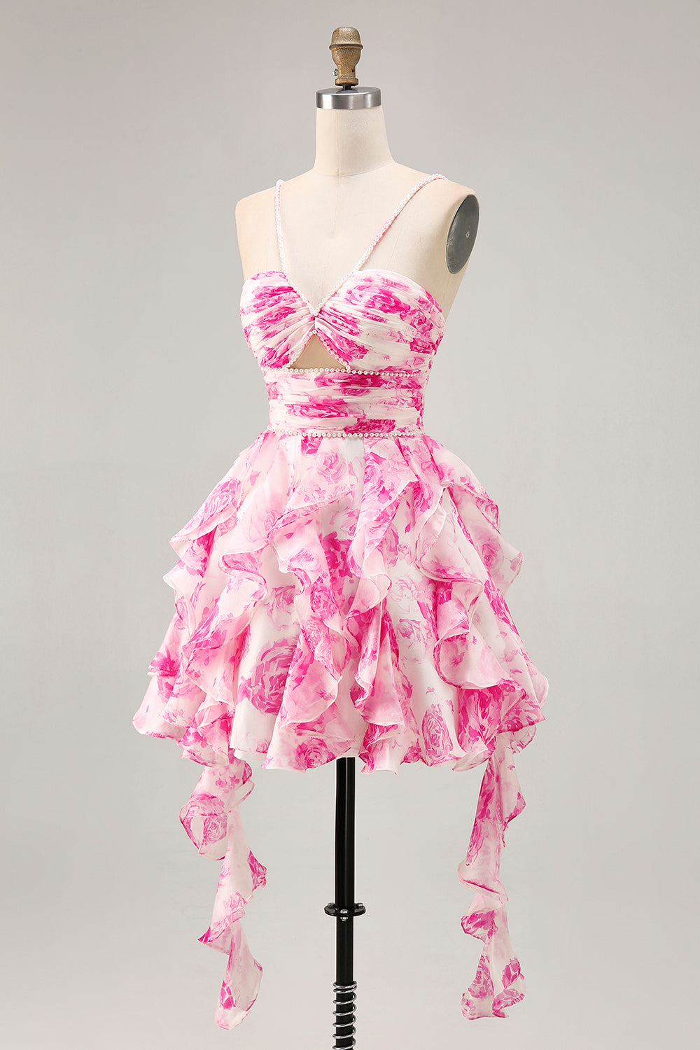 White Fuchsia Flower A-Line Halter Tiered Printed Homecoming Dress
