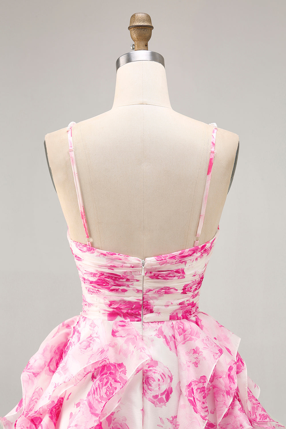 White Fuchsia Flower A-Line Halter Tiered Printed Homecoming Dress