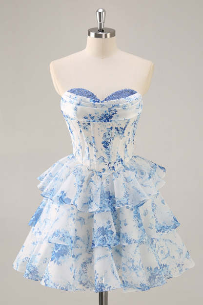 White Blue Flower A-Line Corset Tiered Strapless Short Homecoming Dress