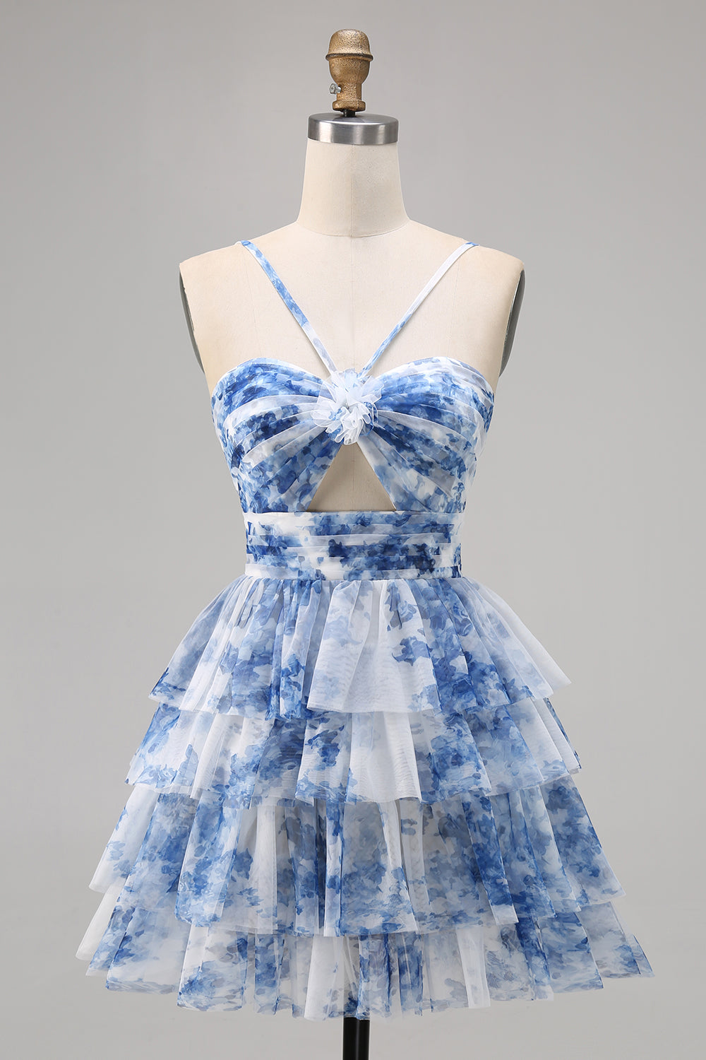 White Blue Flower Short Homecoming Dress A-line Tiered Cut Out Cocktail Dress