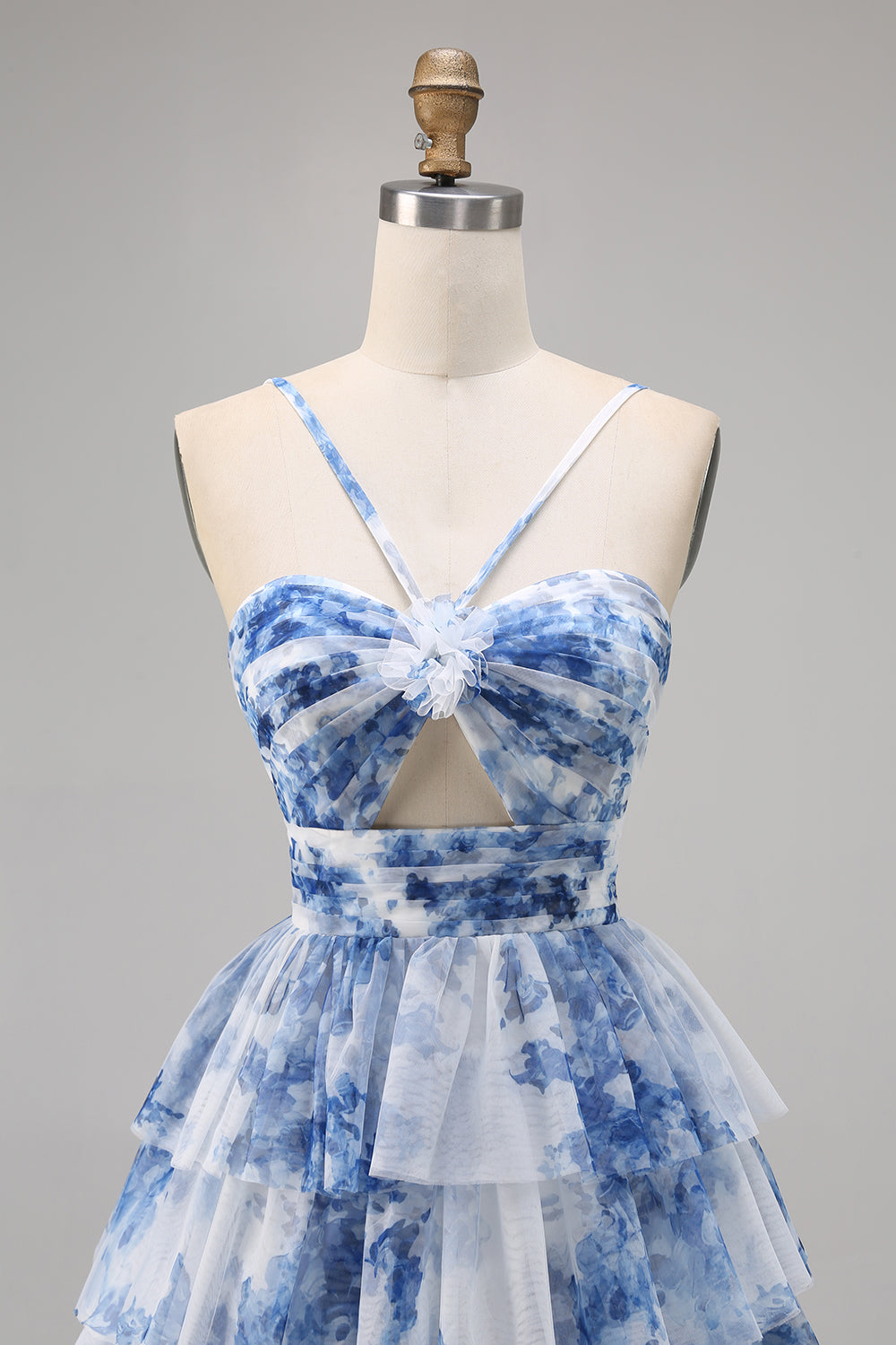 A-Line White Blue Flower Tiered Cut Out Short Homecoming Dress