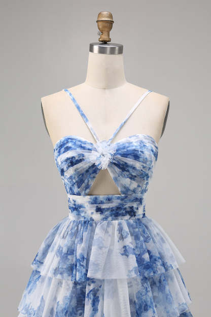 A-Line White Blue Flower Tiered Cut Out Short Homecoming Dress
