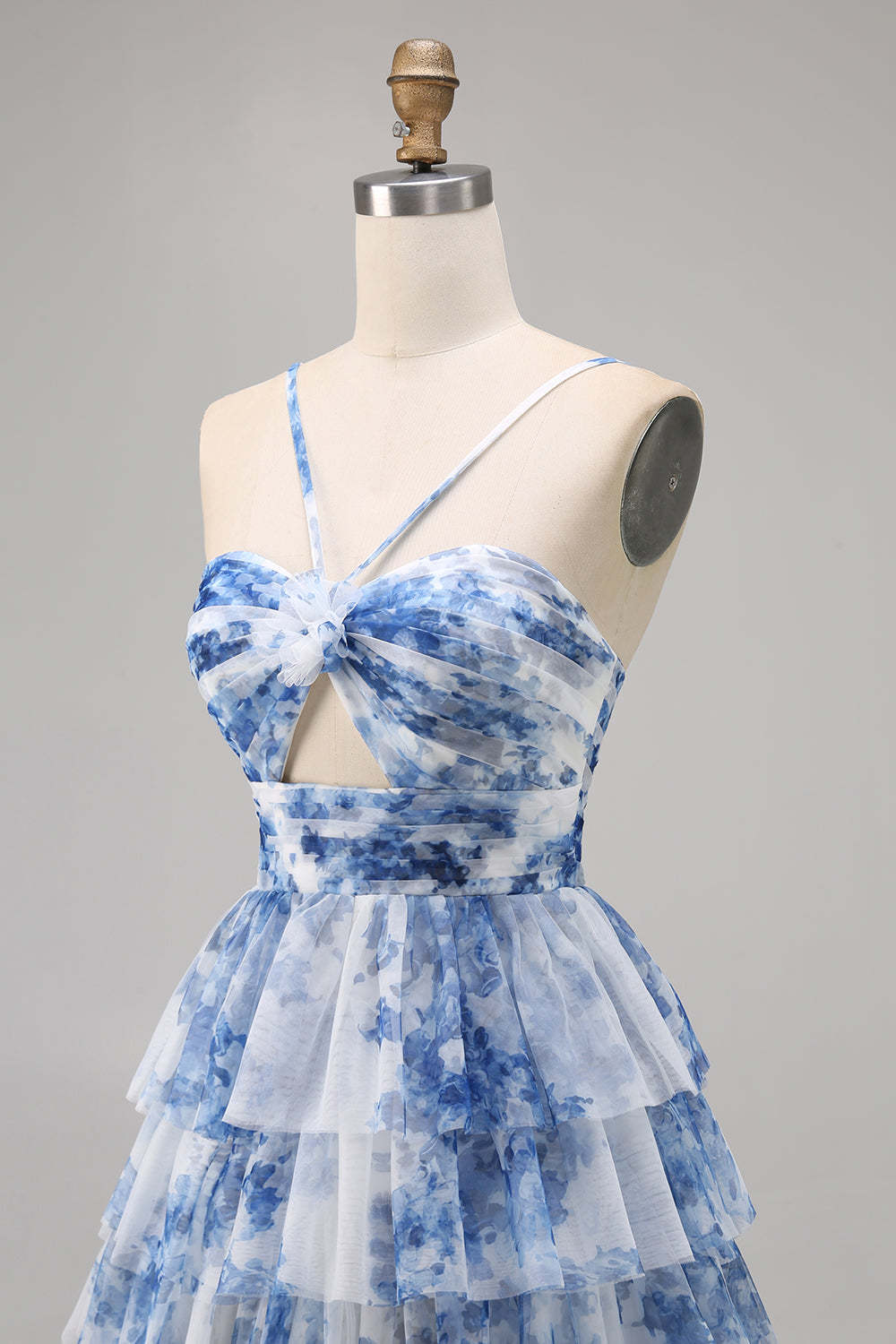 A-Line White Blue Flower Tiered Cut Out Short Homecoming Dress