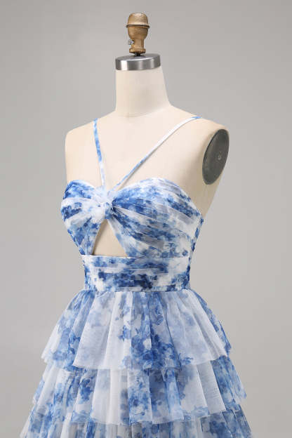 A-Line White Blue Flower Tiered Cut Out Short Homecoming Dress