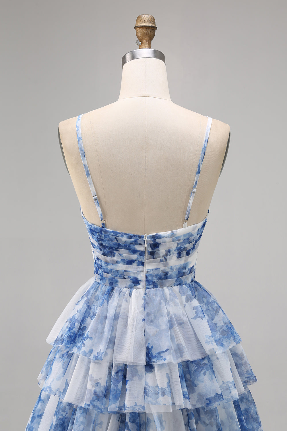 A-Line White Blue Flower Tiered Cut Out Short Homecoming Dress