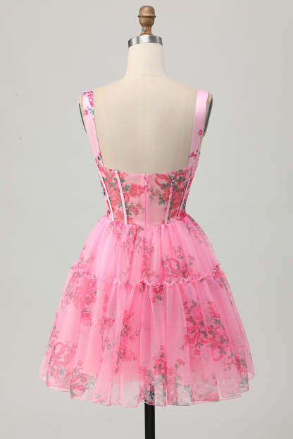 Pink Floral A-Line Spaghetti Straps Corset Short Homecoming Dress