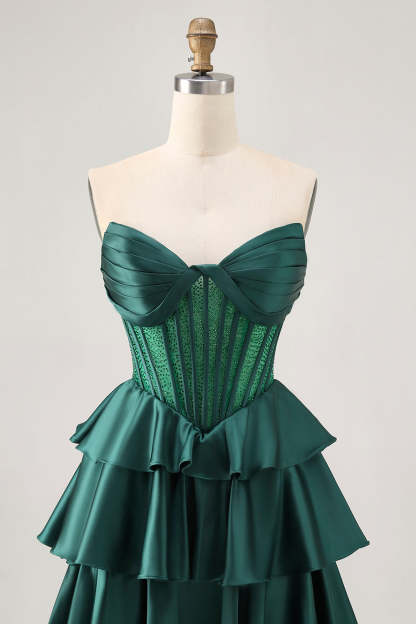 Dark Green Beaded A-line Strapless Corset Homecoming Dress