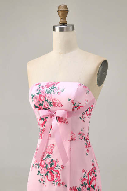 Strapless White Blue Flower Bodycon Printed Short Homecoming Dress