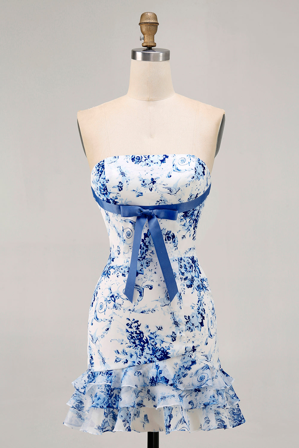 Strapless White Blue Flower Bodycon Printed Short Homecoming Dress