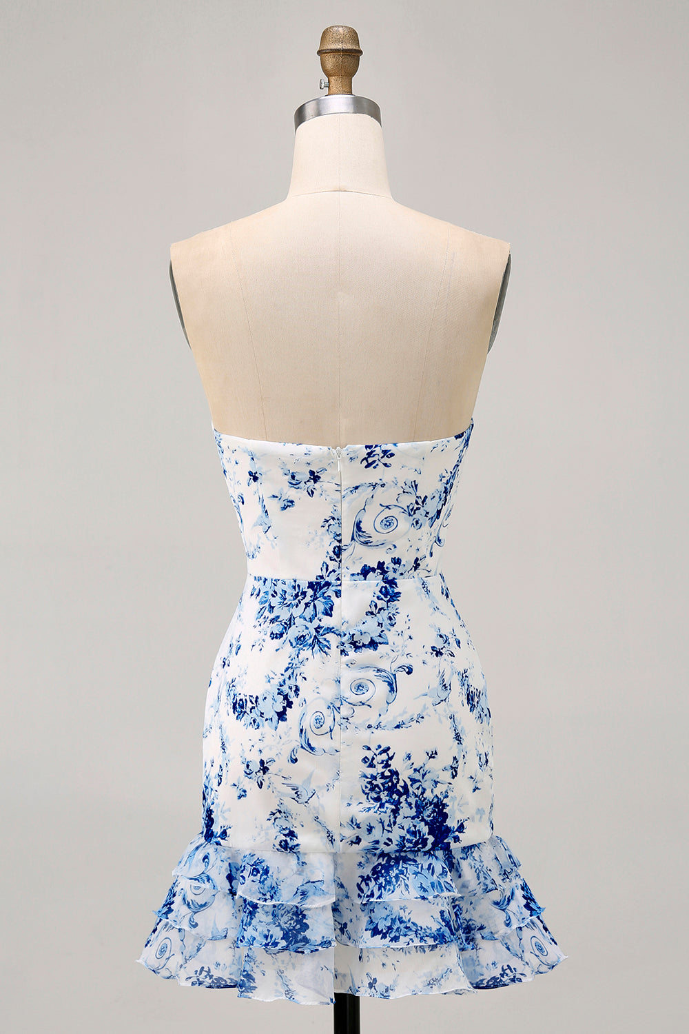 Strapless White Blue Flower Bodycon Printed Short Homecoming Dress