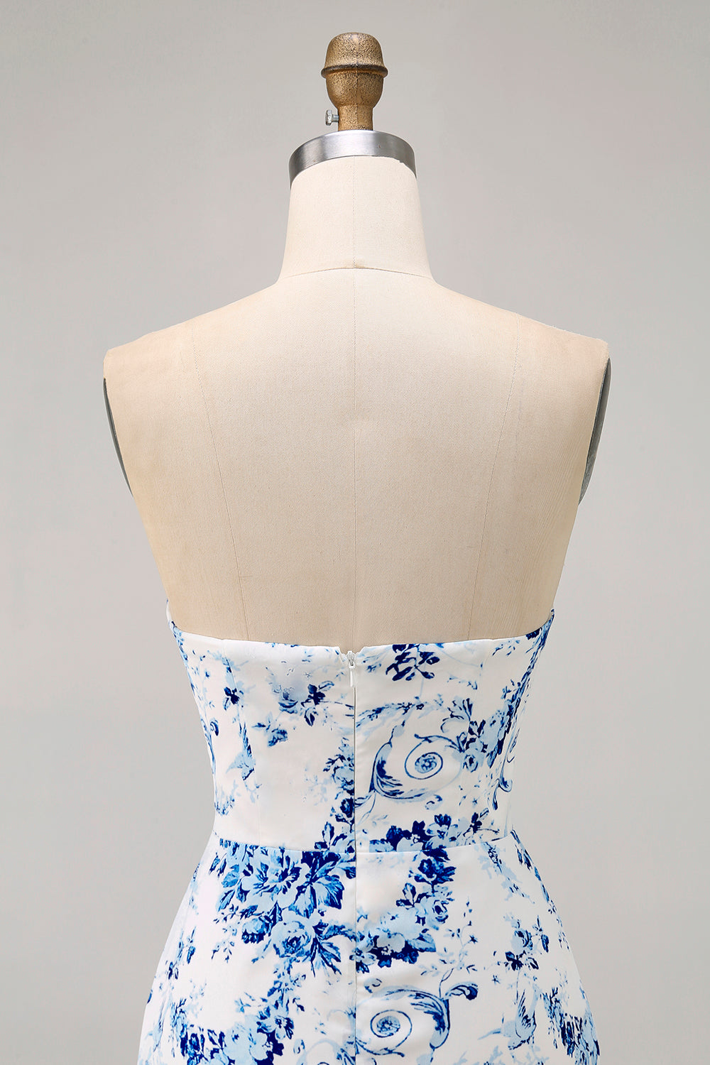Strapless White Blue Flower Bodycon Printed Short Homecoming Dress