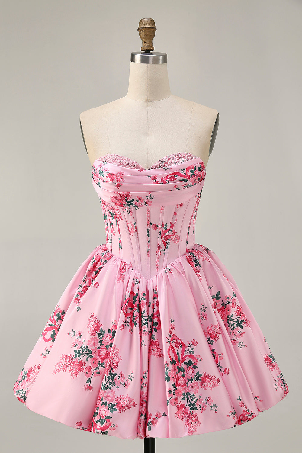 A-Line Pink Flower Strapless Printed Homecoming Dress with Beading