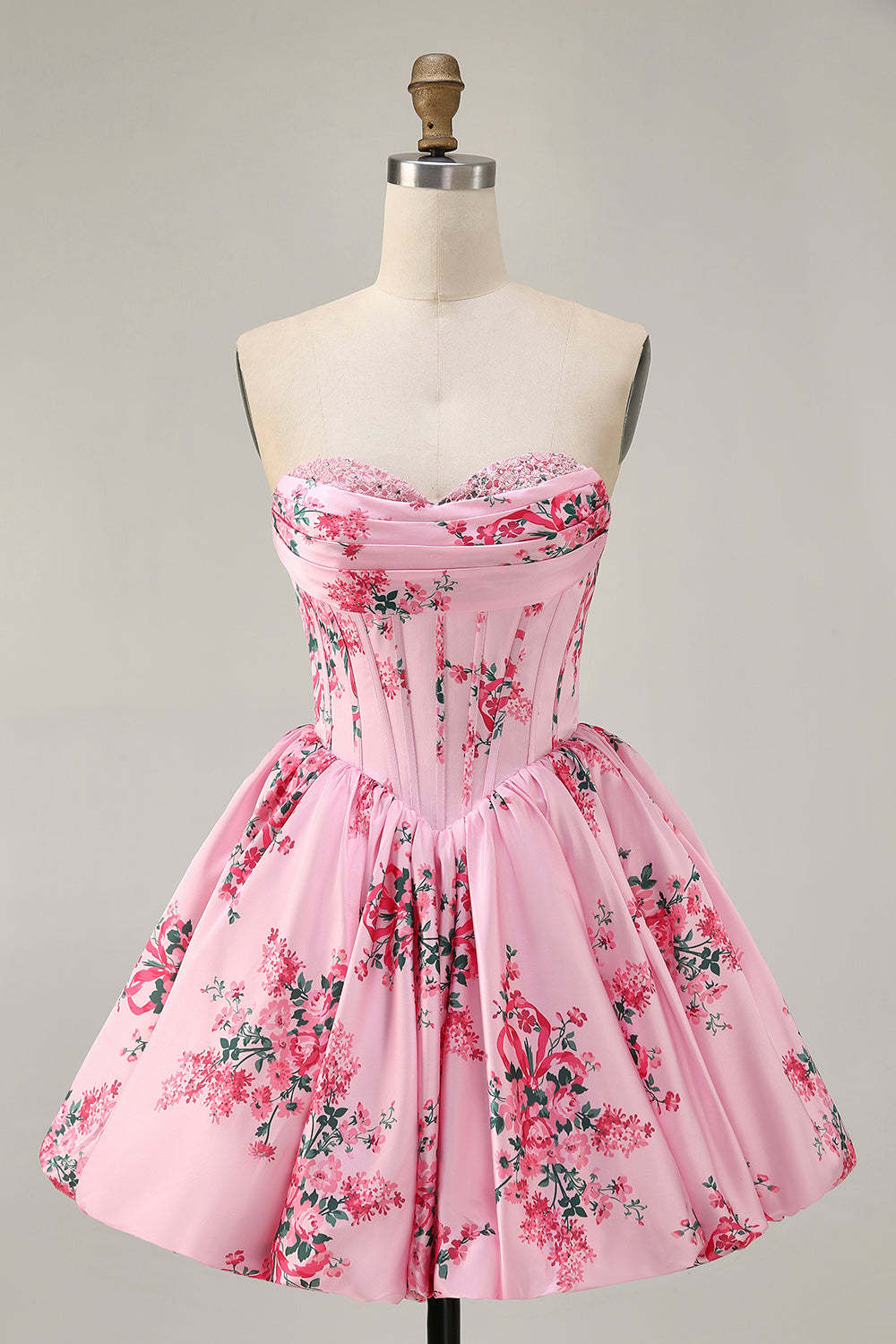 A-Line Pink Flower Strapless Printed Homecoming Dress with Beading
