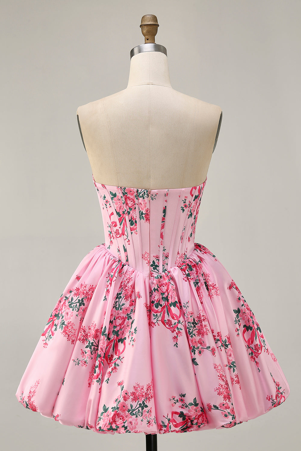 A-Line Pink Flower Strapless Printed Homecoming Dress with Beading