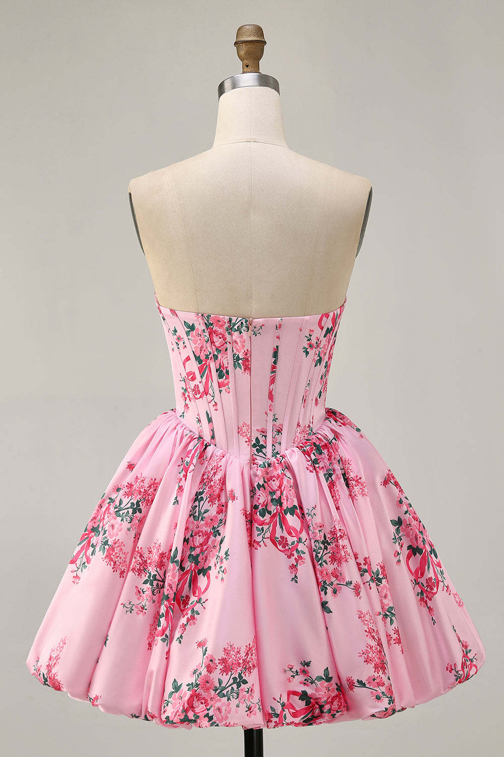 A-Line Pink Flower Strapless Printed Homecoming Dress with Beading