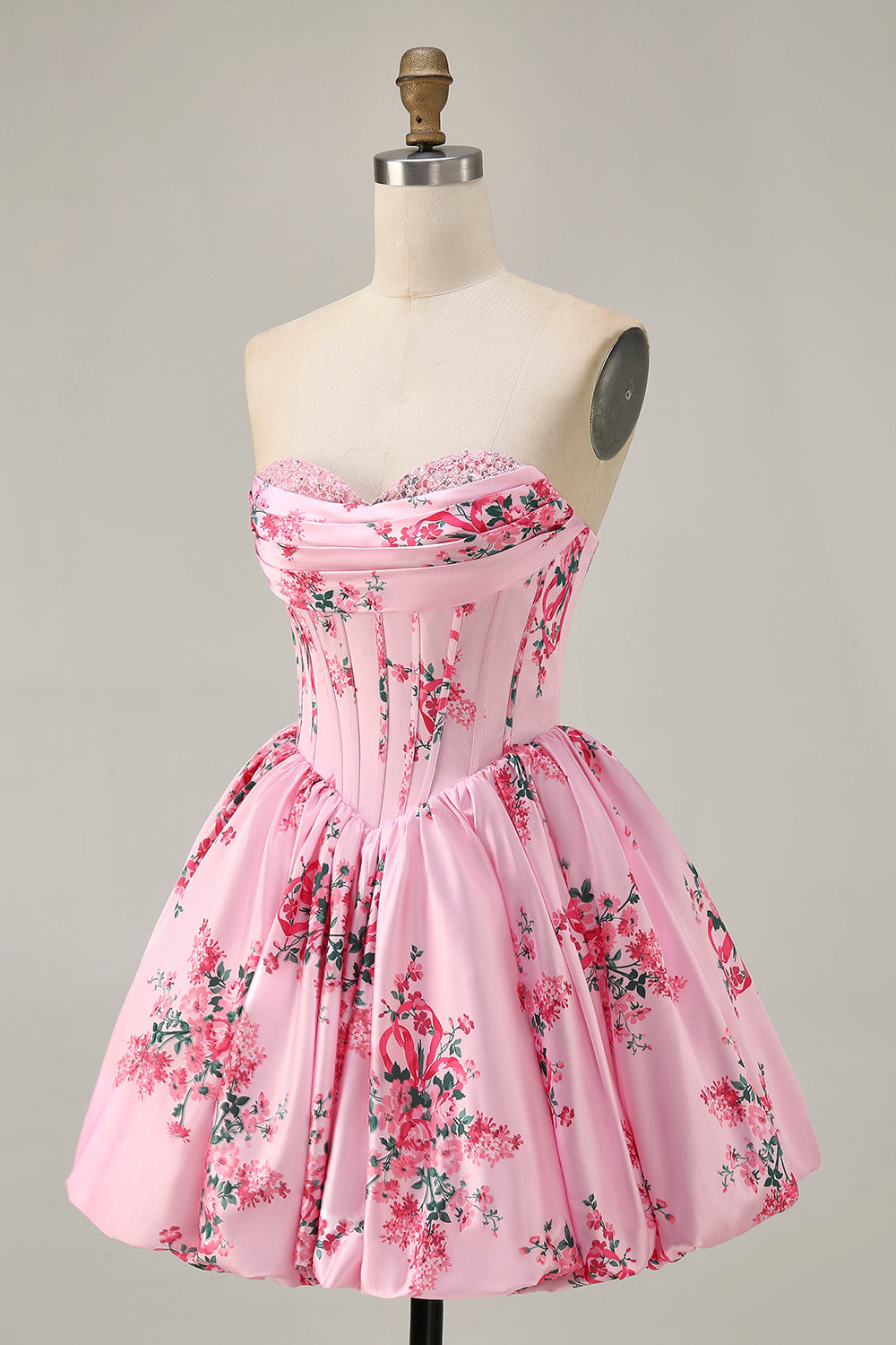 A-Line Pink Flower Strapless Printed Homecoming Dress with Beading