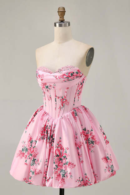 A-Line Pink Flower Strapless Printed Homecoming Dress with Beading