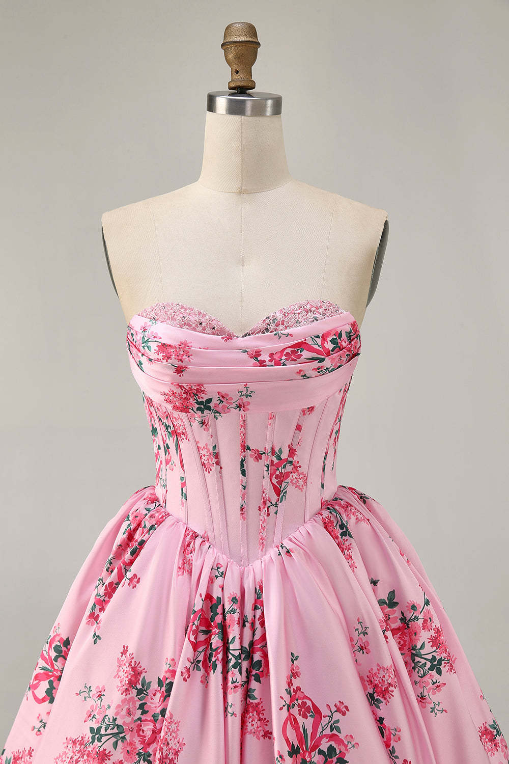 A-Line Pink Flower Strapless Printed Homecoming Dress with Beading