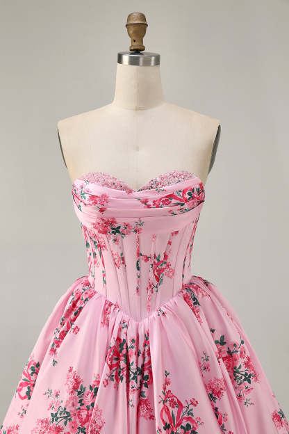A-Line Pink Flower Strapless Printed Homecoming Dress with Beading