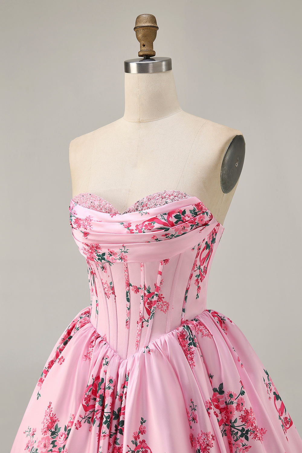 A-Line Pink Flower Strapless Printed Homecoming Dress with Beading