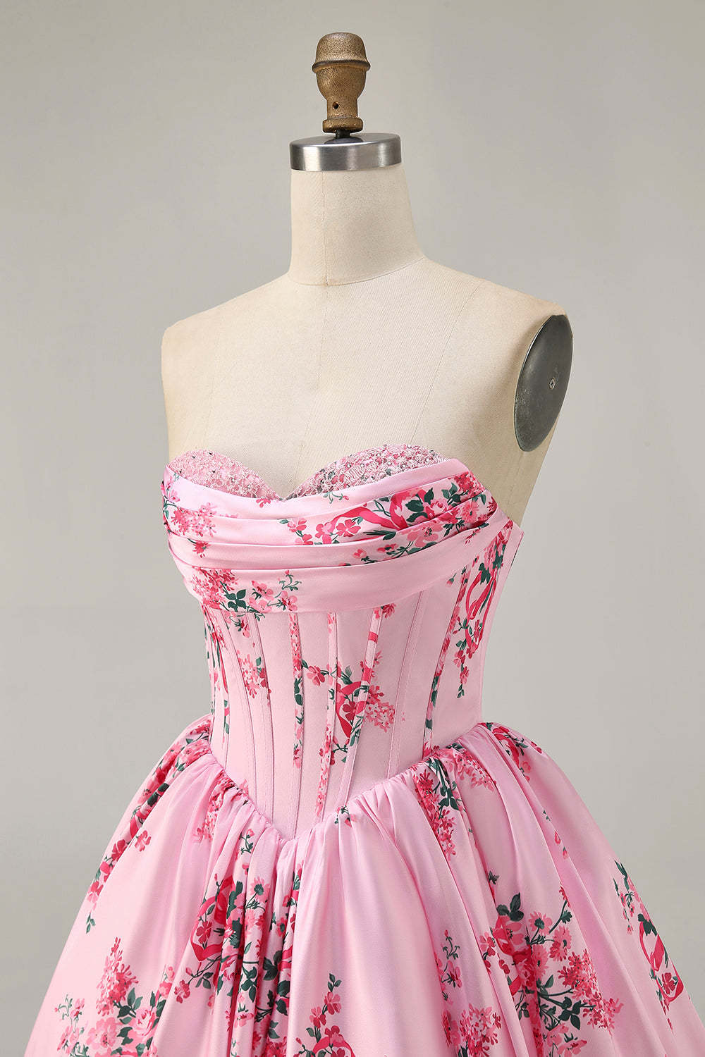 A-Line Pink Flower Strapless Printed Homecoming Dress with Beading