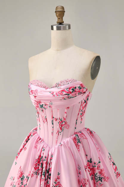 A-Line Pink Flower Strapless Printed Homecoming Dress with Beading