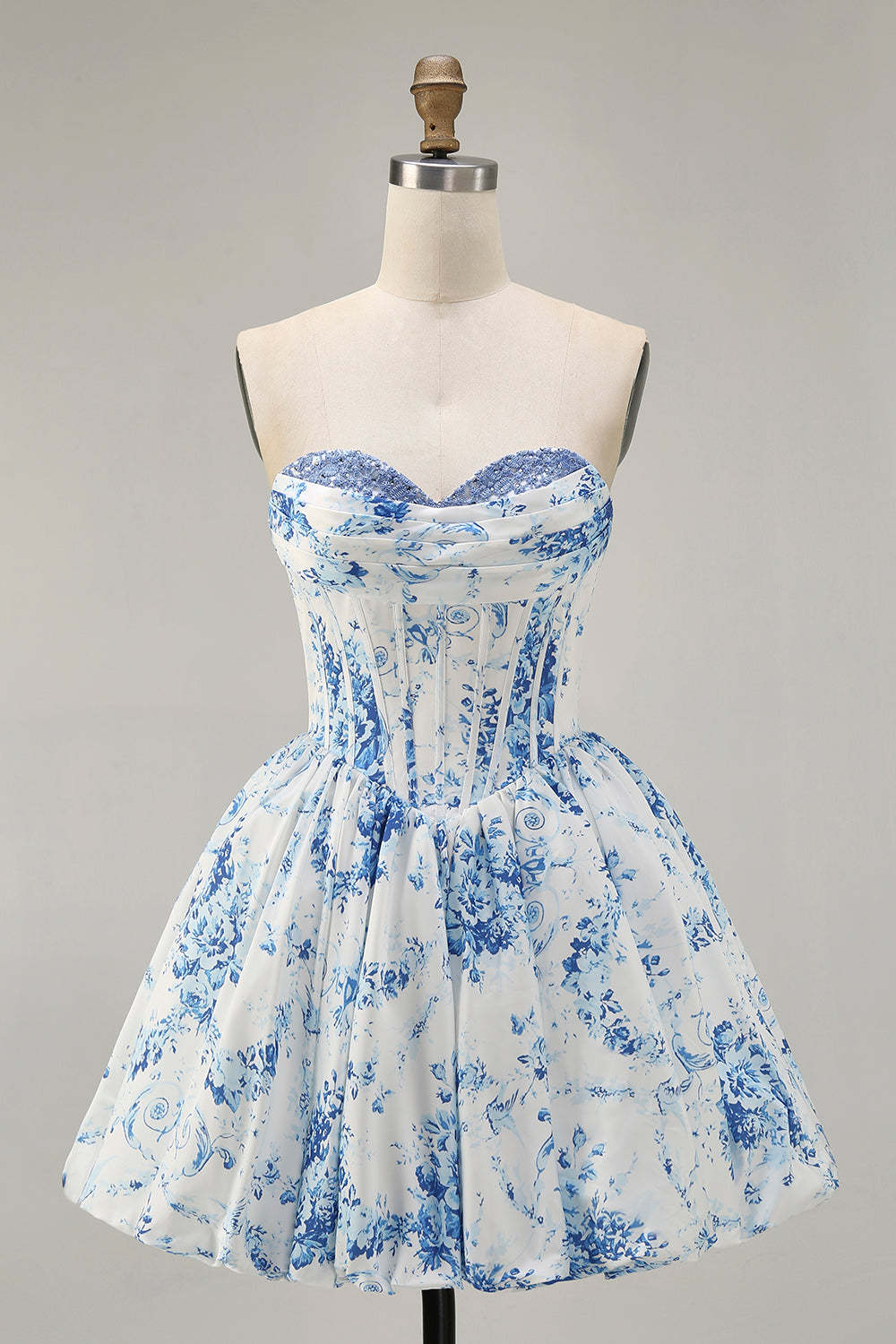 A-Line Pink Flower Strapless Printed Homecoming Dress with Beading