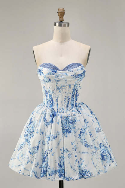 A-Line Pink Flower Strapless Printed Homecoming Dress with Beading
