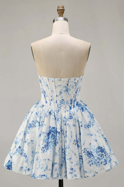 A-Line Pink Flower Strapless Printed Homecoming Dress with Beading