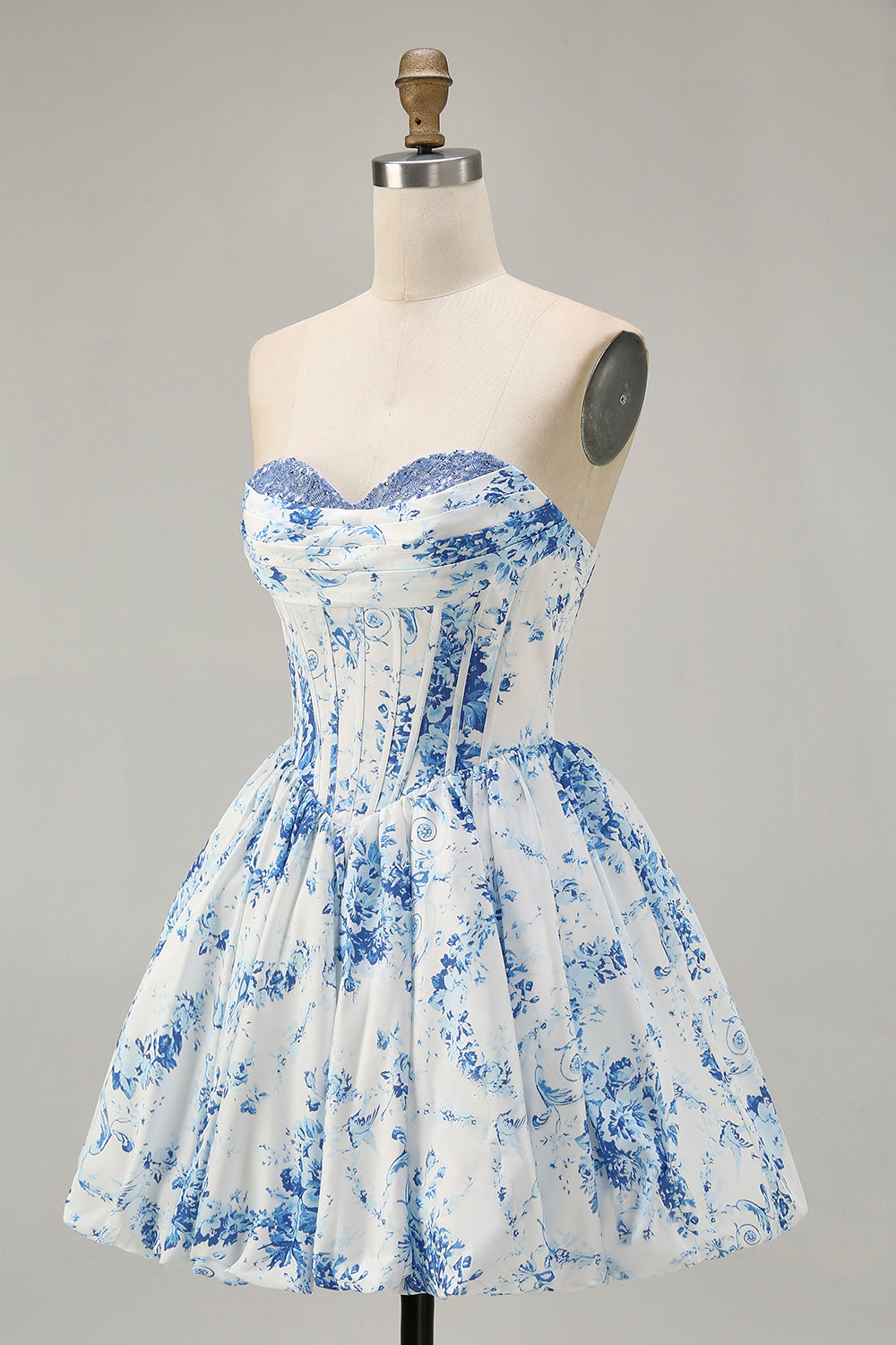 A-Line Pink Flower Strapless Printed Homecoming Dress with Beading
