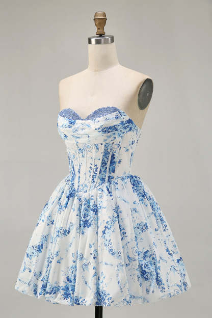 A-Line Pink Flower Strapless Printed Homecoming Dress with Beading