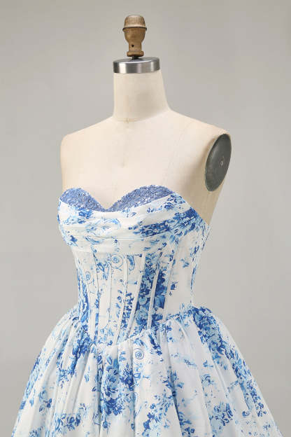 A-Line Pink Flower Strapless Printed Homecoming Dress with Beading