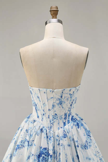 A-Line Pink Flower Strapless Printed Homecoming Dress with Beading