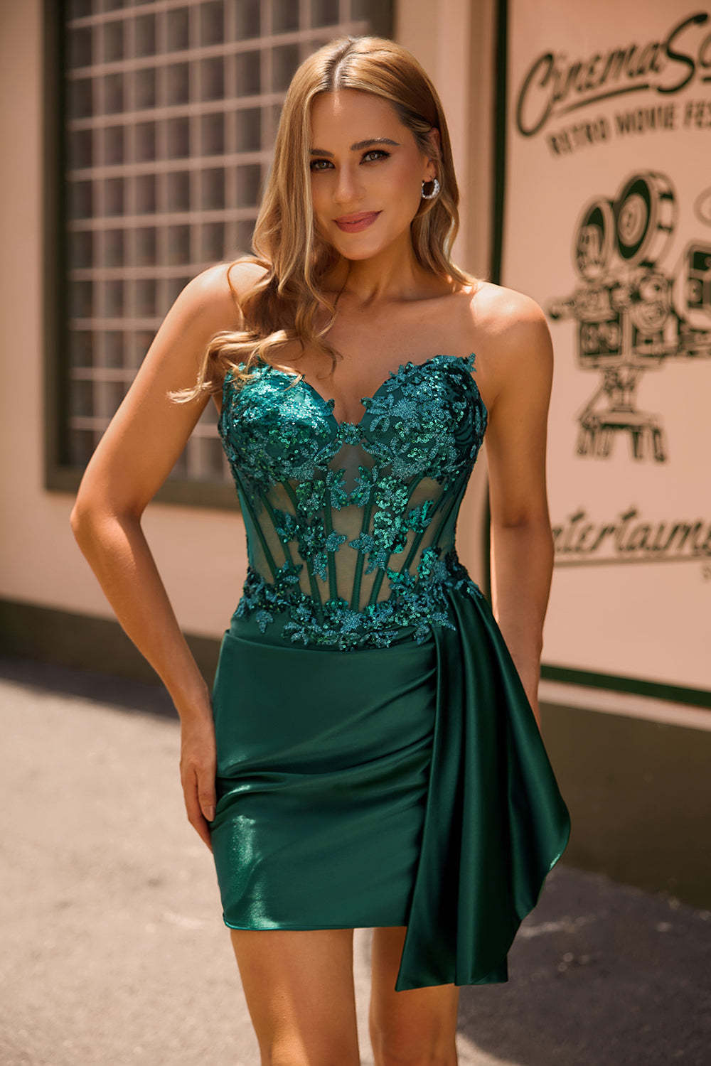 Dark Green Bodycon Sparkly Strapless Side-Drape Corset Sequins Homecoming Dress