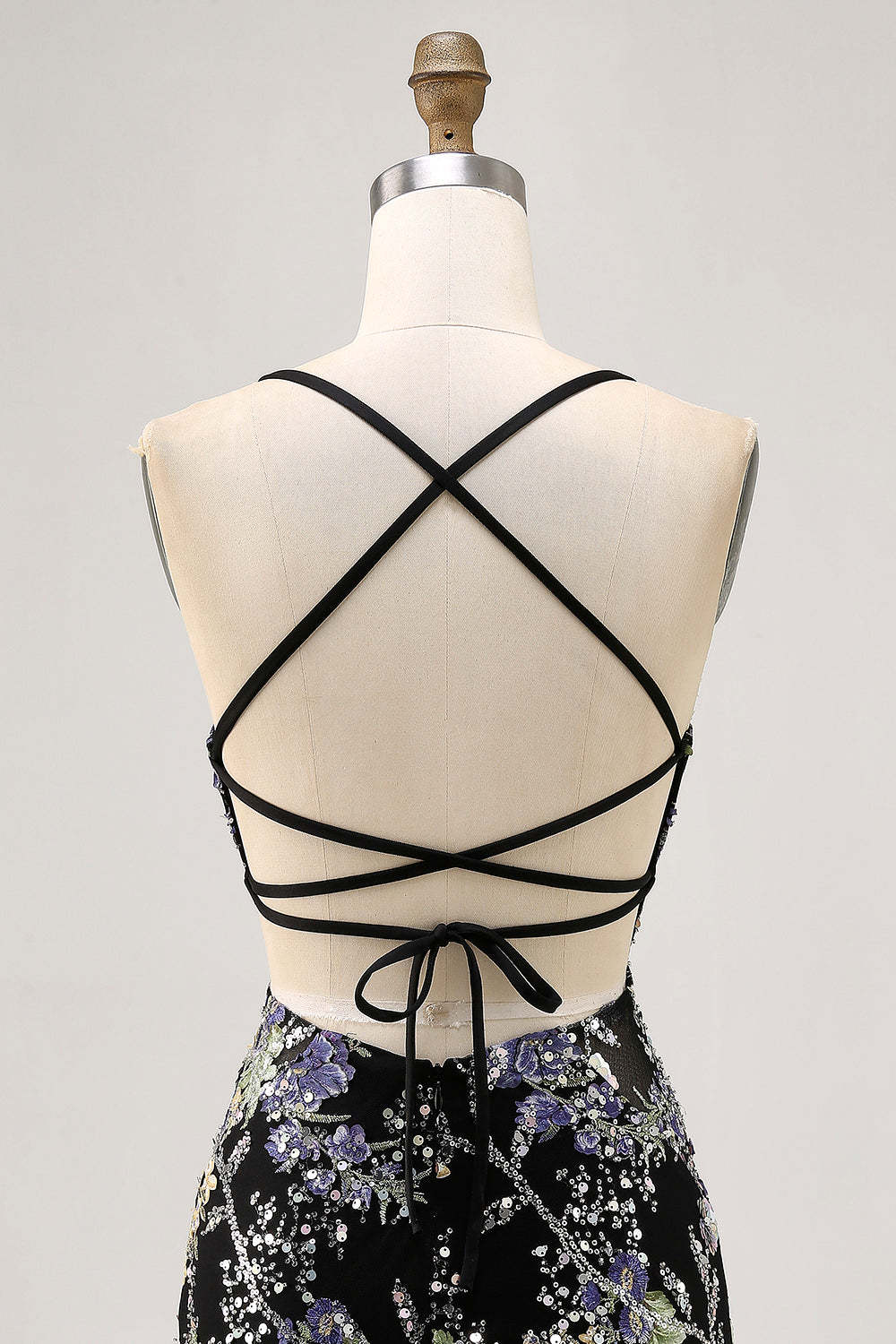 Sparkly Spaghetti Straps Bodycon Sequins Floral Short Homecoming Dress with Lace Up Back