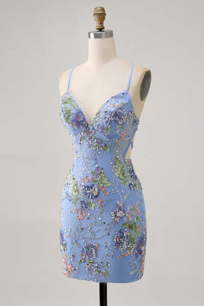 Sparkly Spaghetti Straps Bodycon Sequins Floral Short Homecoming Dress with Lace Up Back