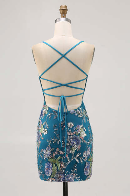 Sparkly Spaghetti Straps Bodycon Sequins Floral Short Homecoming Dress with Lace Up Back