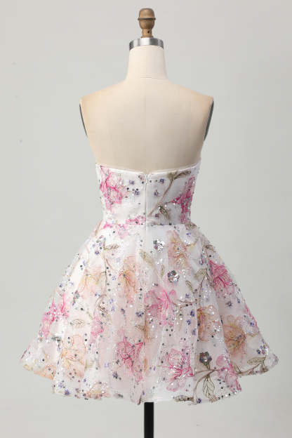 Sparkly Floral Sequins A-Line Strapless Short Homecoming Dress