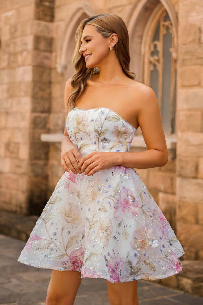 Sparkly Floral Sequins A-Line Strapless Short Homecoming Dress