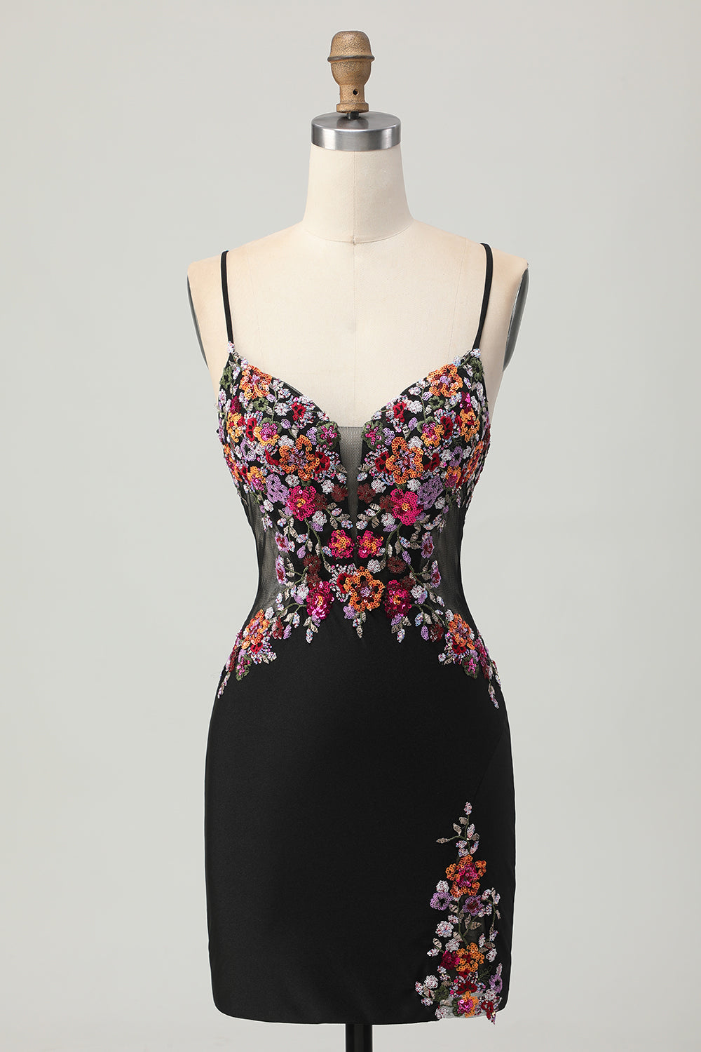 Black Floral Homecoming Dress with Lace Up Back Bodycon Spaghetti Straps Mini Cocktail Dress