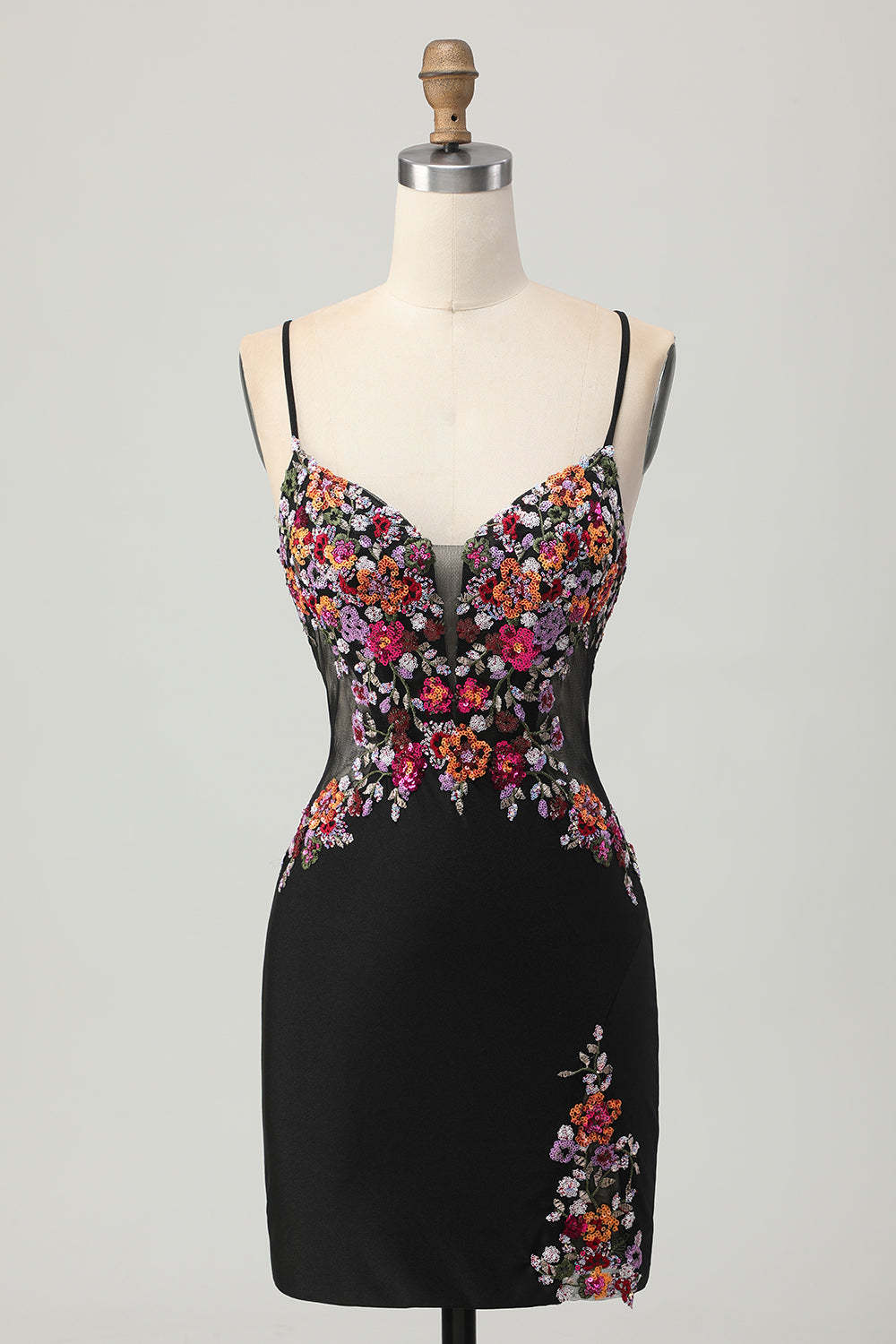 Black Floral Homecoming Dress with Lace Up Back Bodycon Spaghetti Straps Mini Cocktail Dress