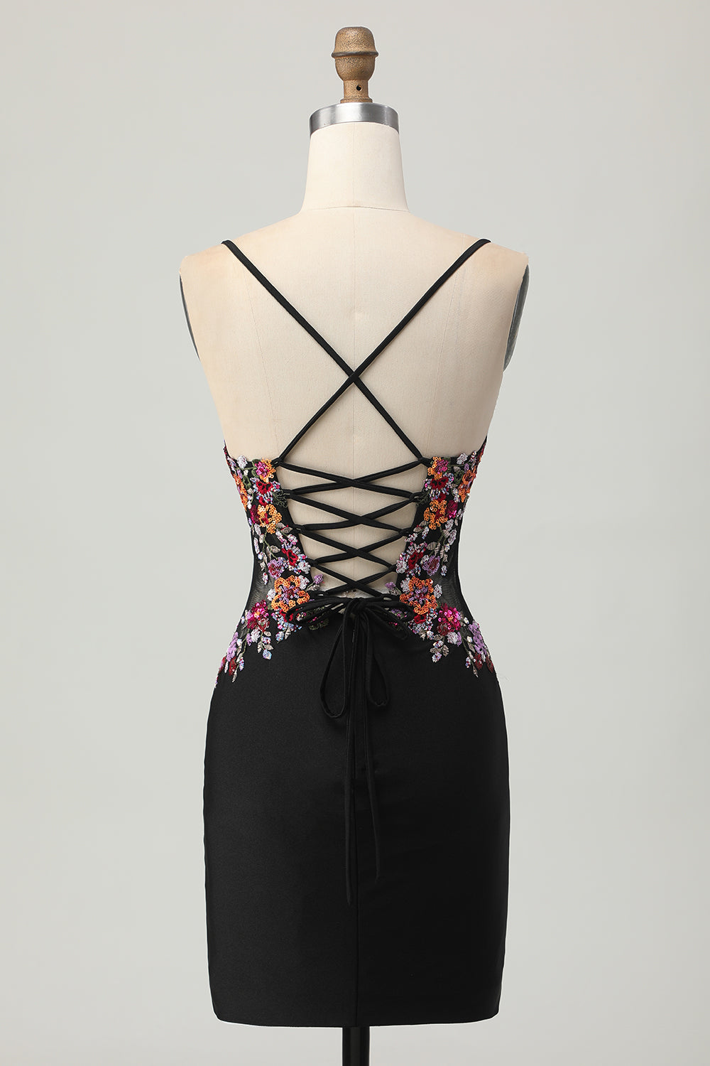 Black Flower Bodycon Spaghetti Straps Mini Homecoming Dress