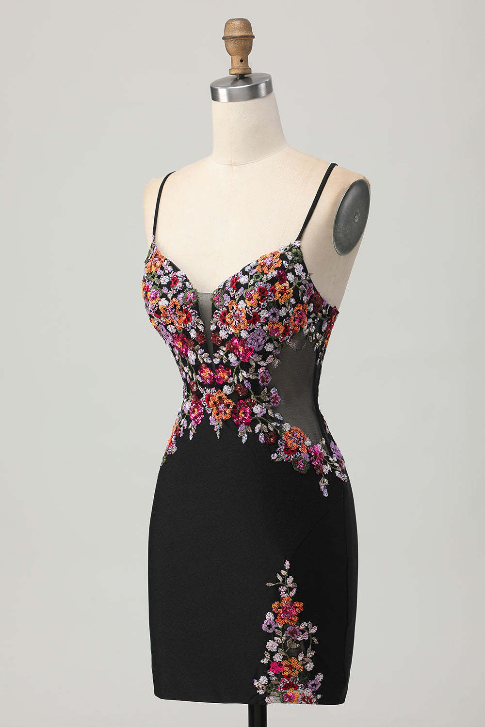 Black Flower Bodycon Spaghetti Straps Mini Homecoming Dress