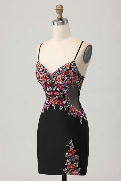 Black Flower Bodycon Spaghetti Straps Mini Homecoming Dress