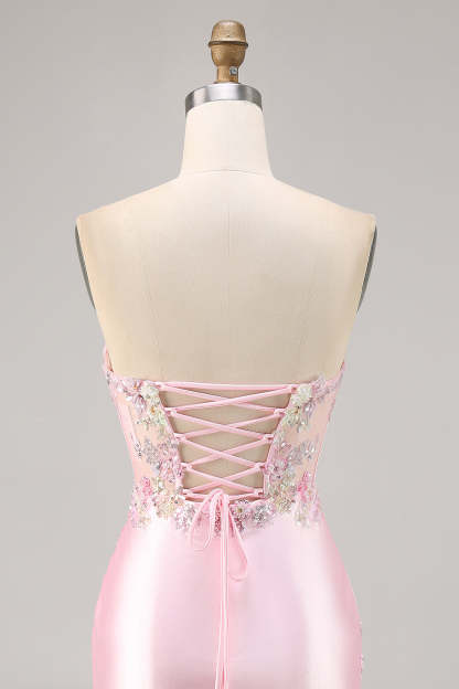 Candy Pink Bodycon Satin Corset Short Homecoming Dress with Appliques