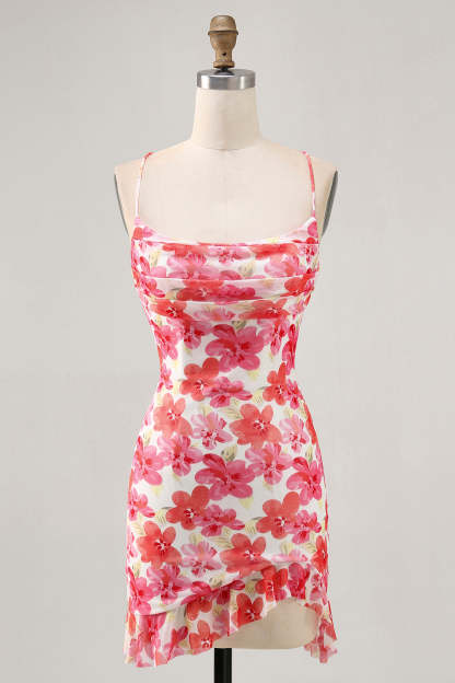 Red Flower Homecoming Dress Floral Printed Ruched Spaghetti Straps Tight Mini Cocktail Dress