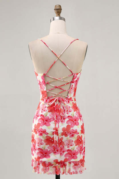 Bodycon Red Flower Spaghetti Straps Printed Mini Homecoming Dress