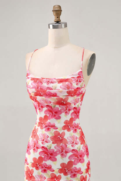 Bodycon Red Flower Spaghetti Straps Printed Mini Homecoming Dress
