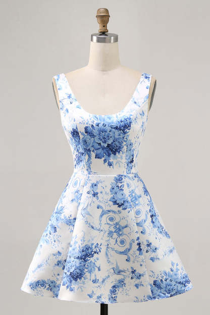 Floral Homecoming Dress White Blue Flower Printed A Line V-Neck Cocktail Dress